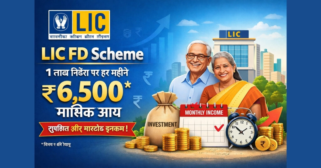 LIC FD Scheme में 1 लाख निवेश पर मासिक आय दर्शाता हुआ बैनर